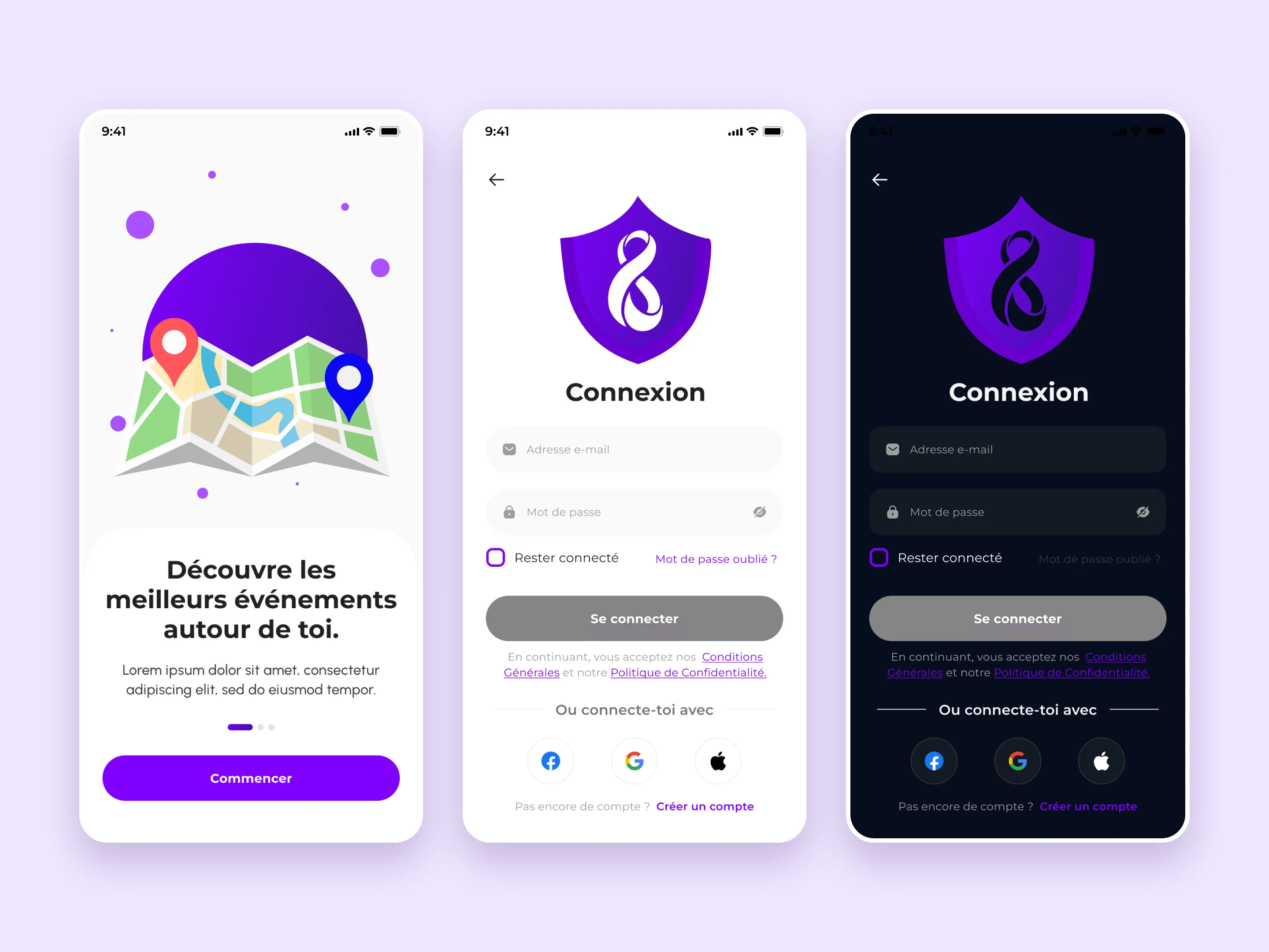 Three Viby’Z app screens: an onboarding screen with a map illustration, and the sign-in screen in light and in dark