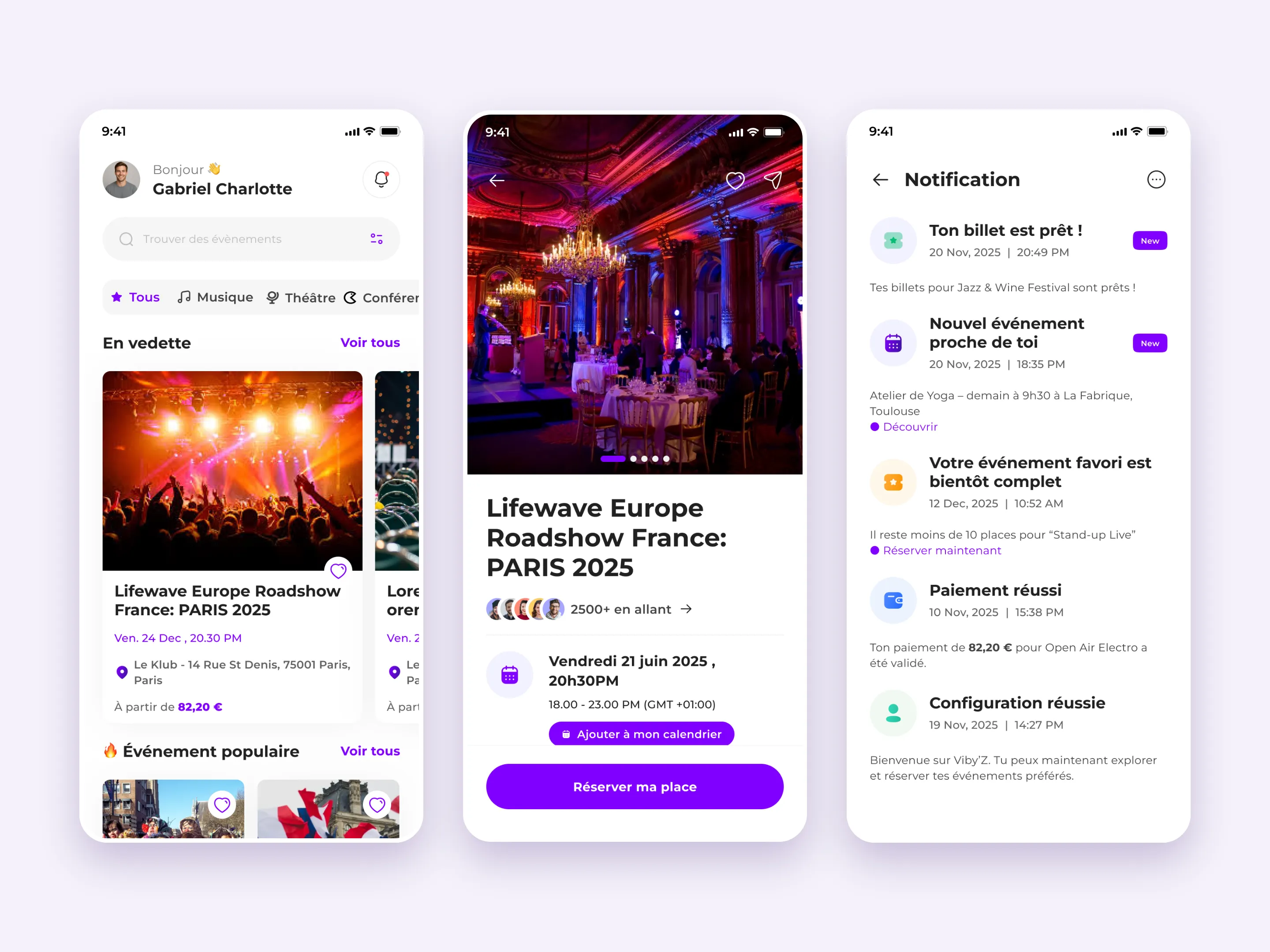 Three Viby’Z app screens: the home feed, an event page and the notification list
