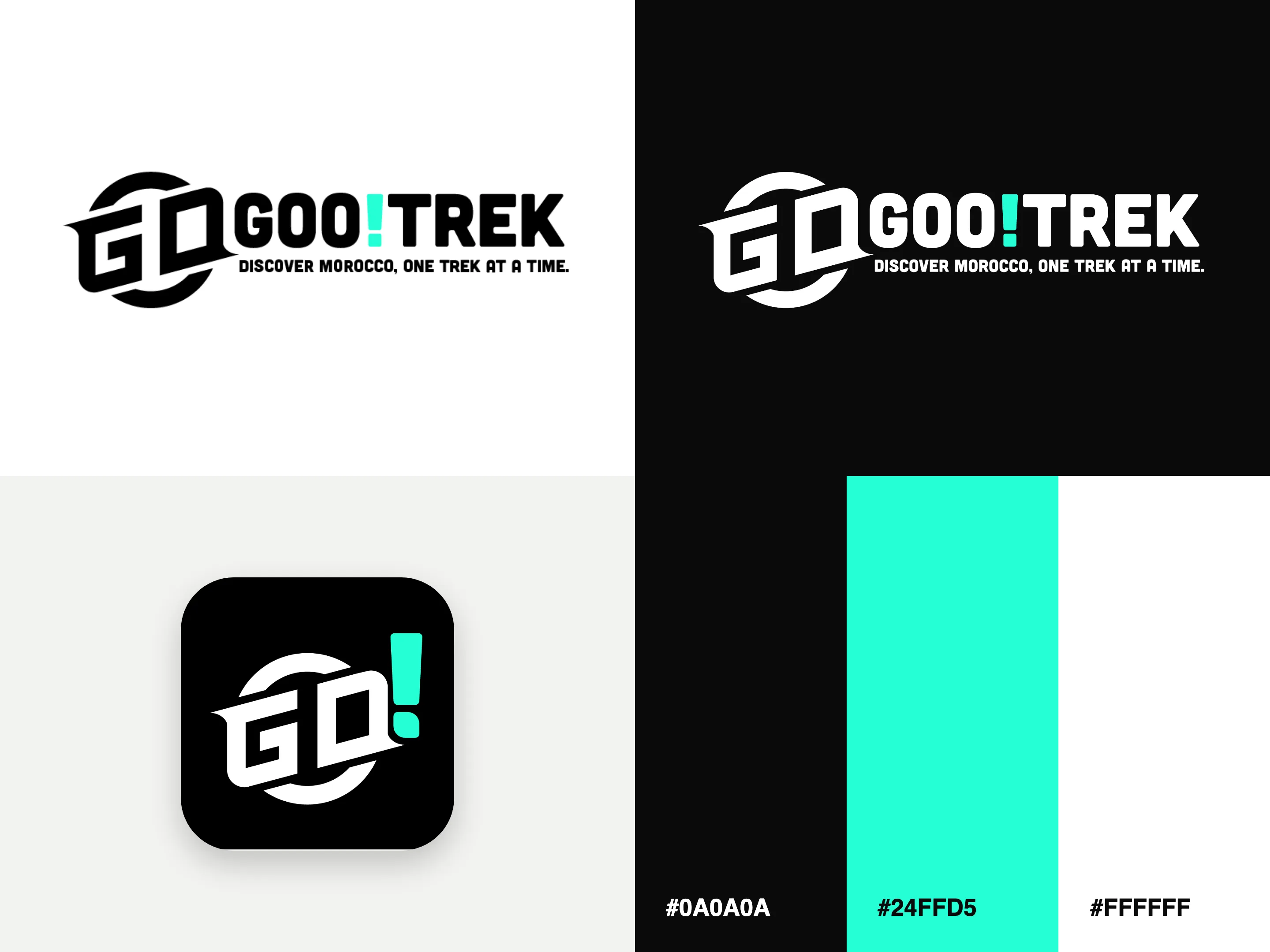 The GooTrek identity: the GOO!TREK lockup in black on white and in white on black, the GO! app icon, and the palette of black, turquoise and white