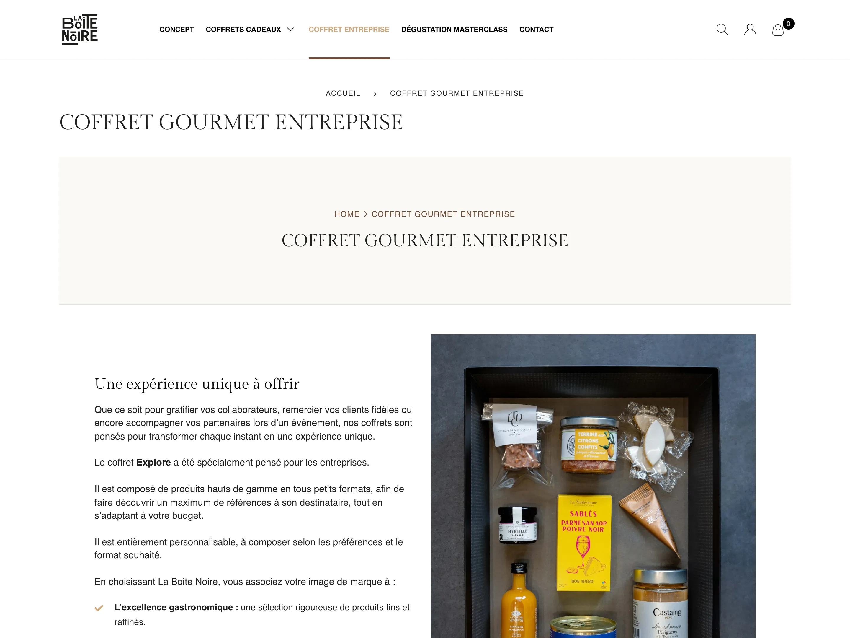 The Coffret Gourmet Entreprise page, describing a made-to-order gift box for companies