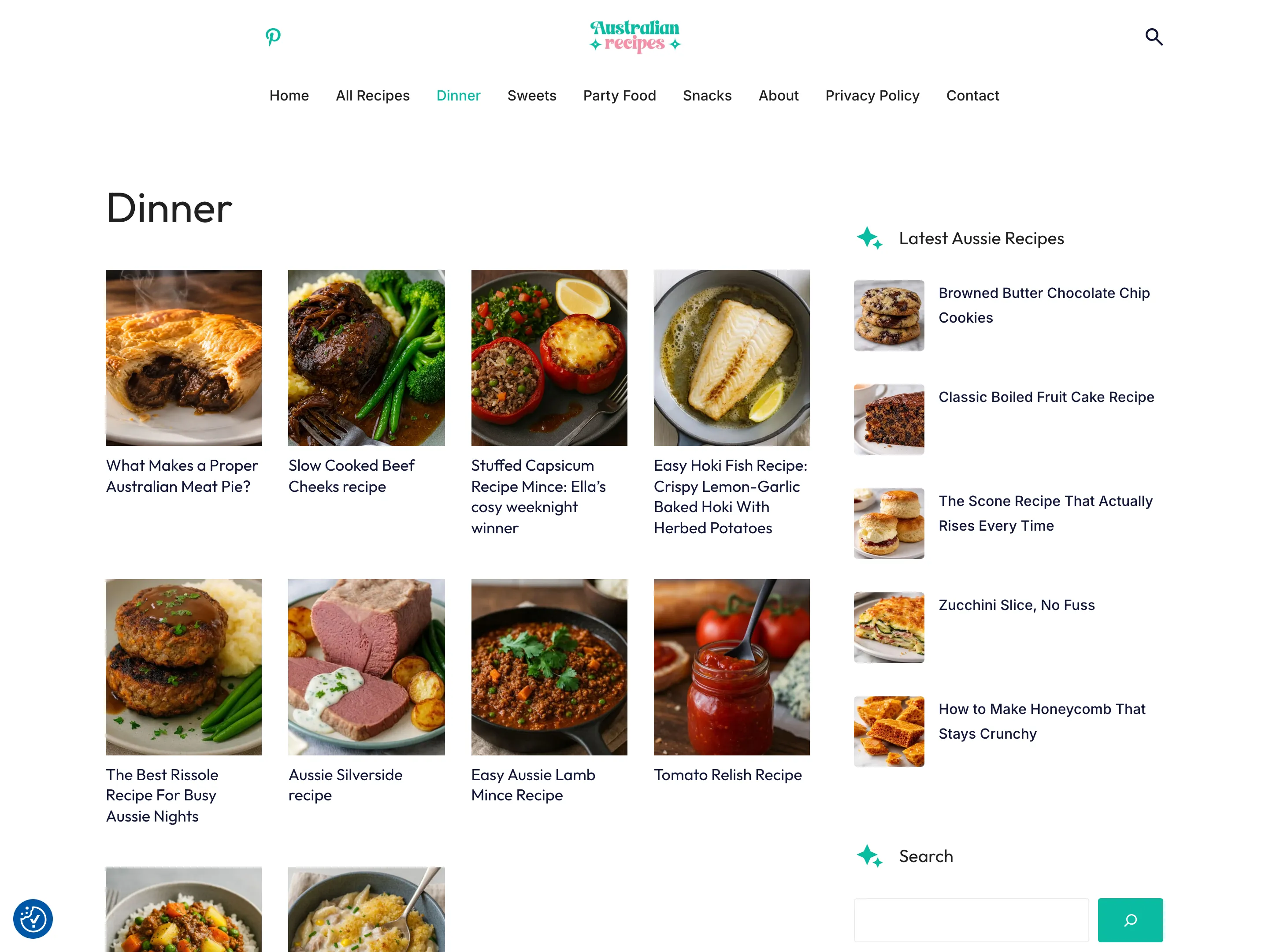 The Dinner category page on AustRecipes, listing recipes in that category