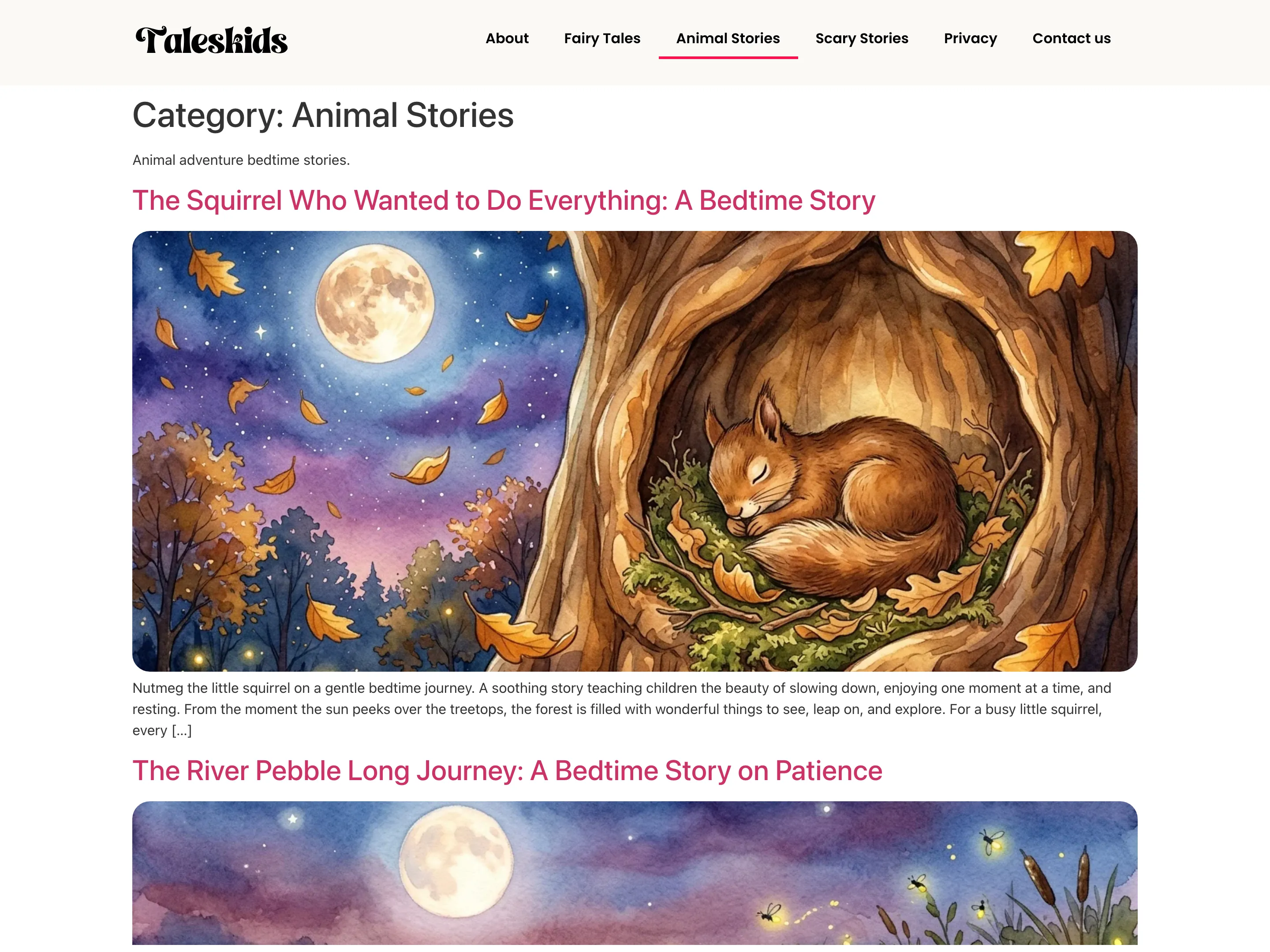 The Animal Stories category page on TalesKids, listing stories with their illustrations and summaries