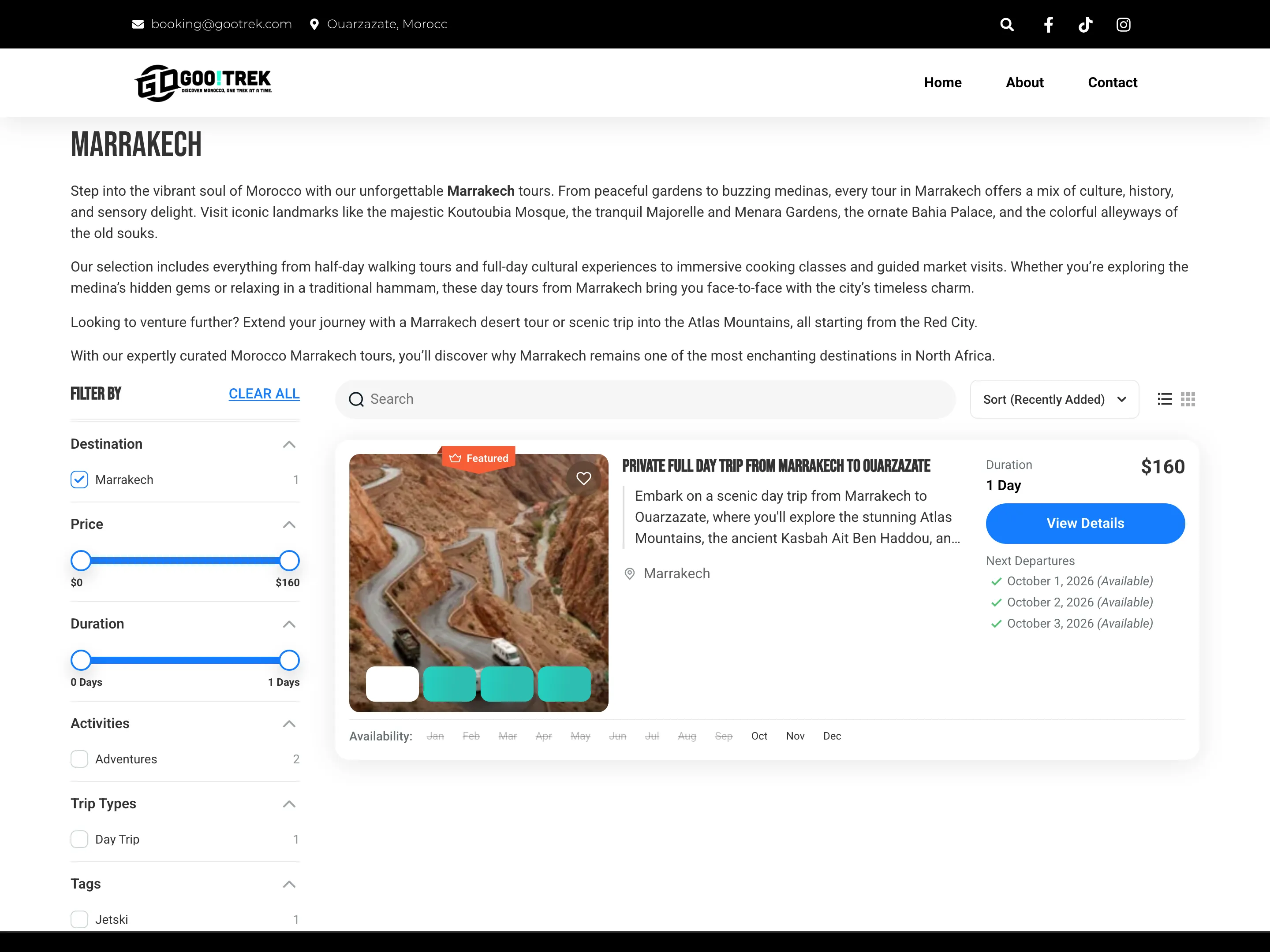 The GooTrek Marrakech destination page, with introductory copy, filters for price, duration, activities and trip types, and a trip card with its next departures