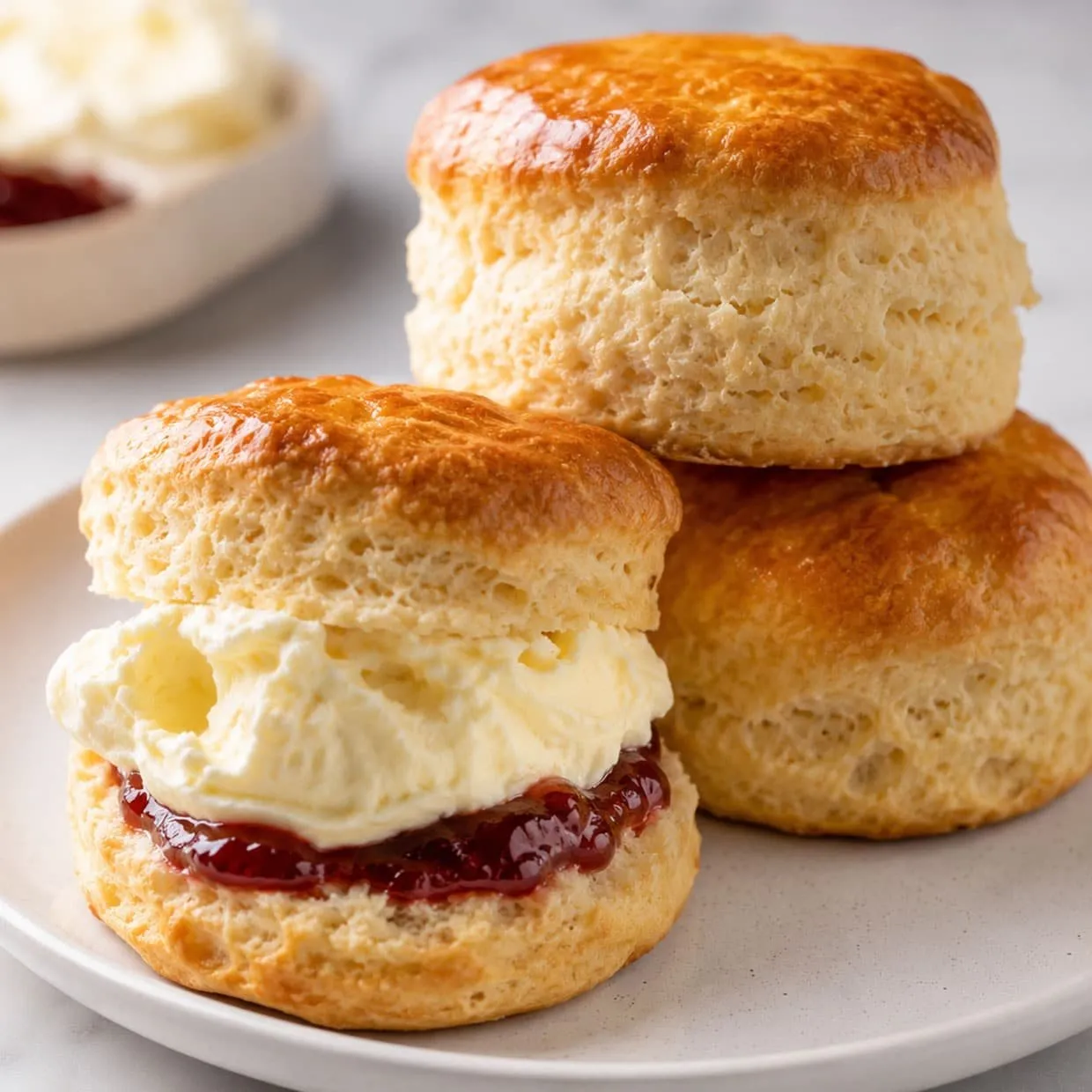 Tall golden scones served with jam and cream, photographed for AustRecipes