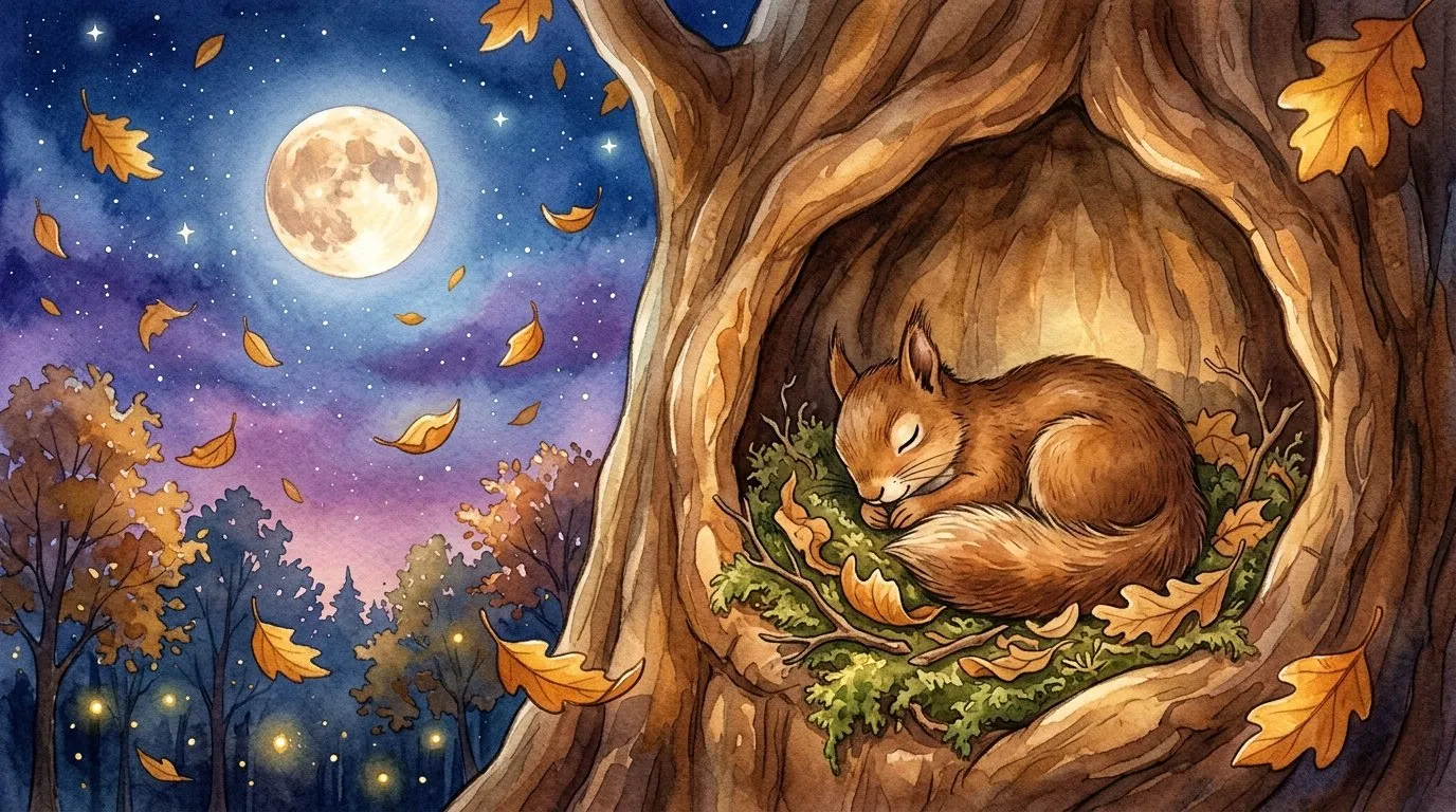 A watercolour-style illustration of a squirrel asleep in a hollow tree under a full moon, with autumn leaves falling