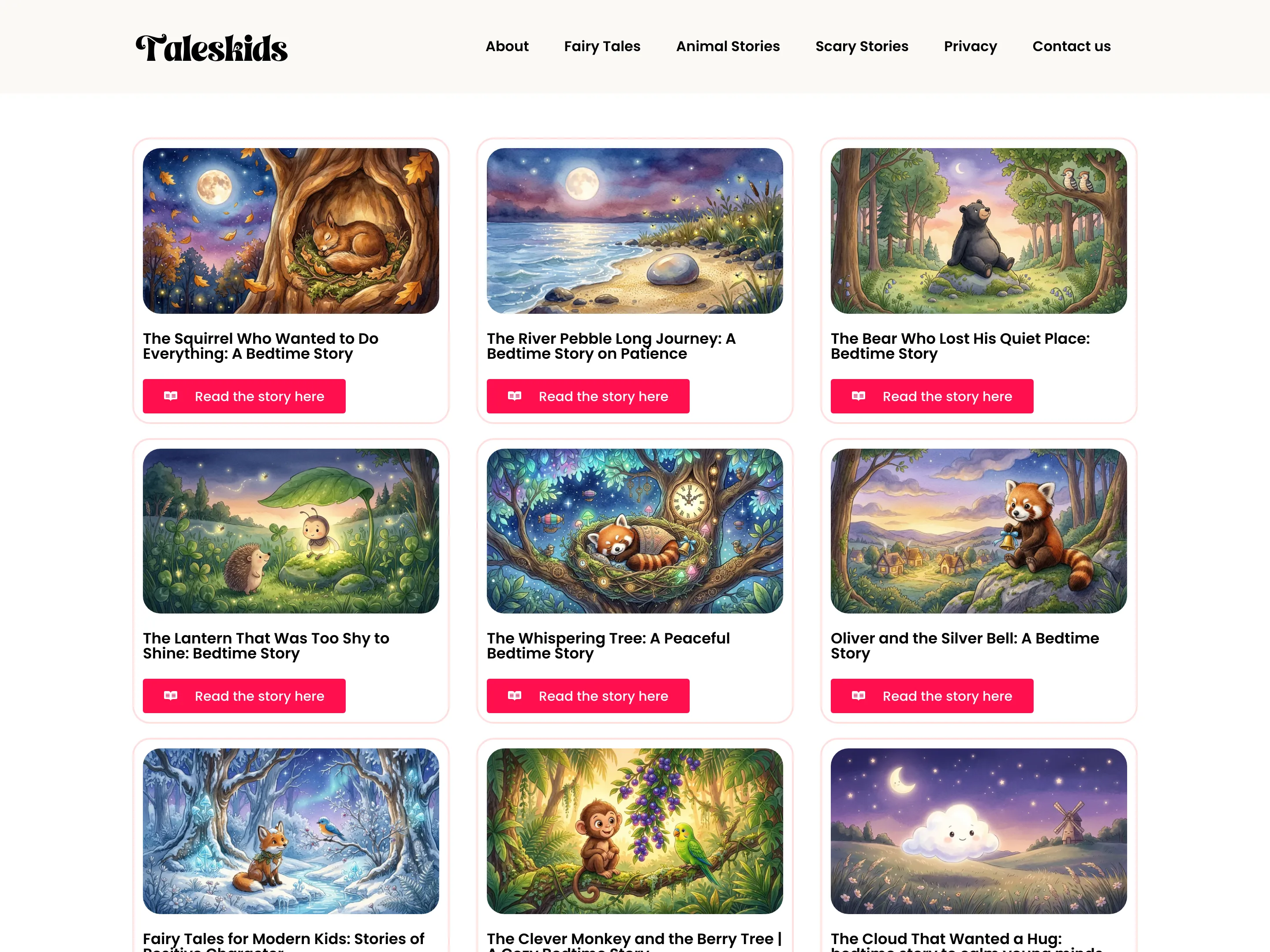 The TalesKids home page, showing the latest bedtime stories as illustrated cards in a three-column grid