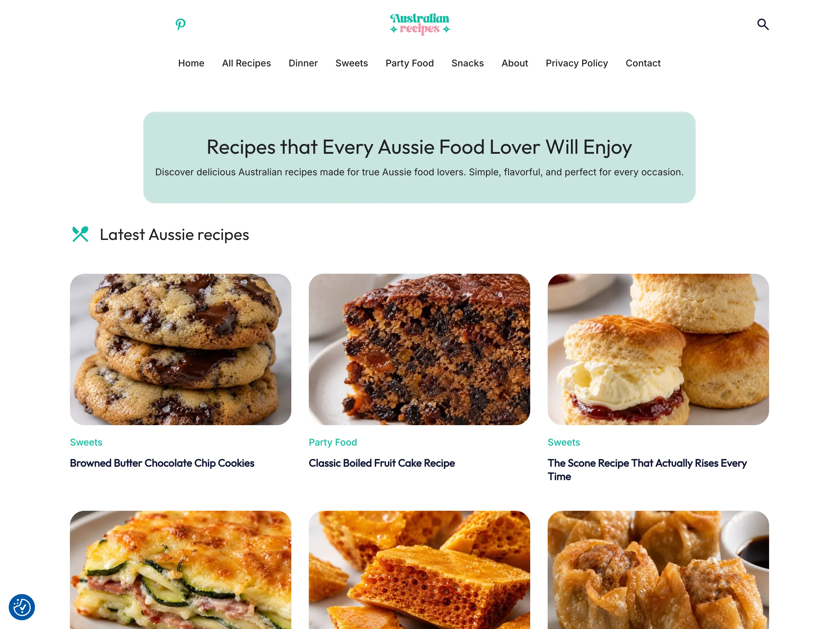 The AustRecipes home page, showing the latest recipes in a three-column grid