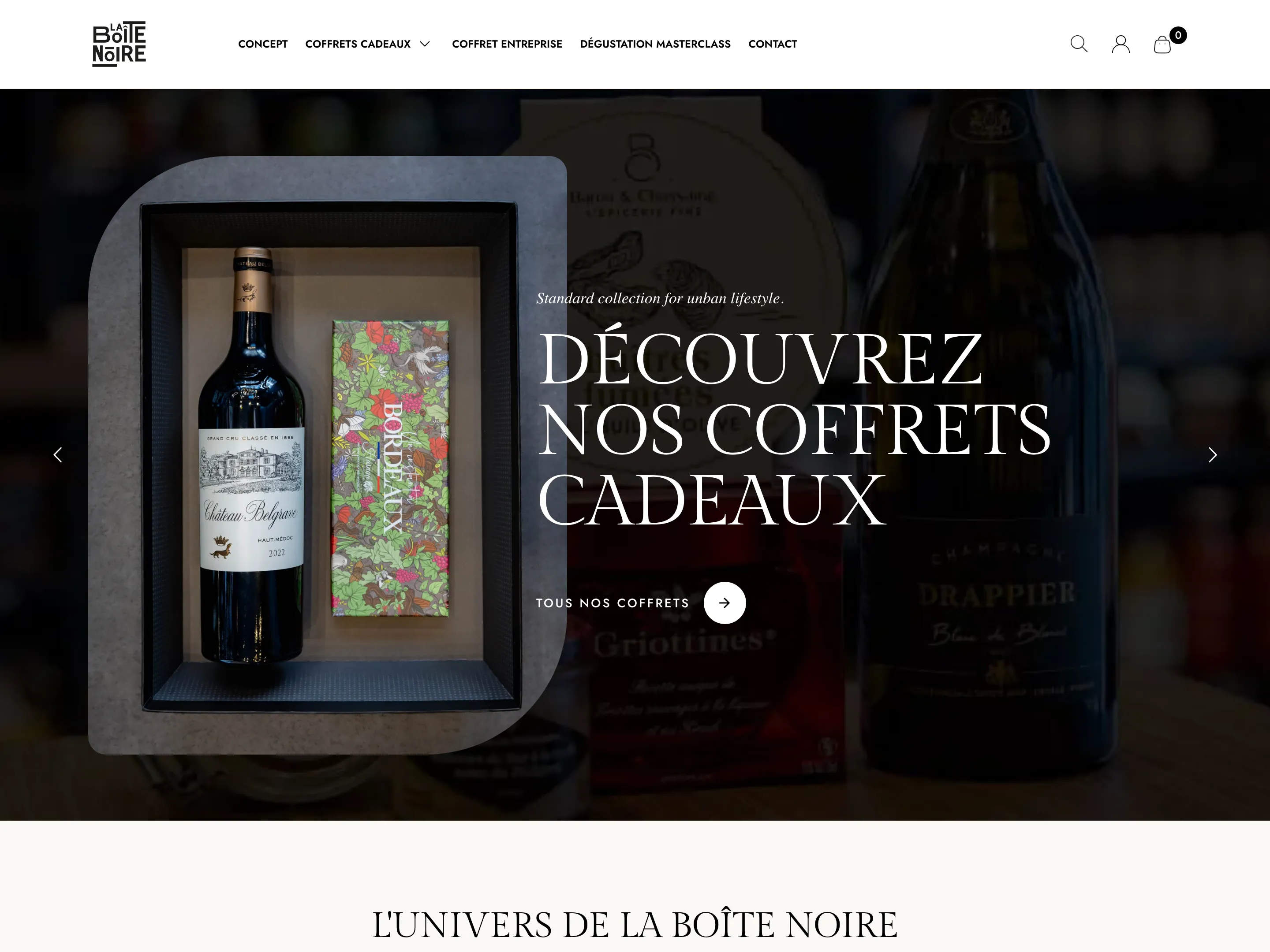 The La Boîte Noire home page, with a gift box of Bordeaux wine and chocolate beside the heading “Découvrez nos coffrets cadeaux”