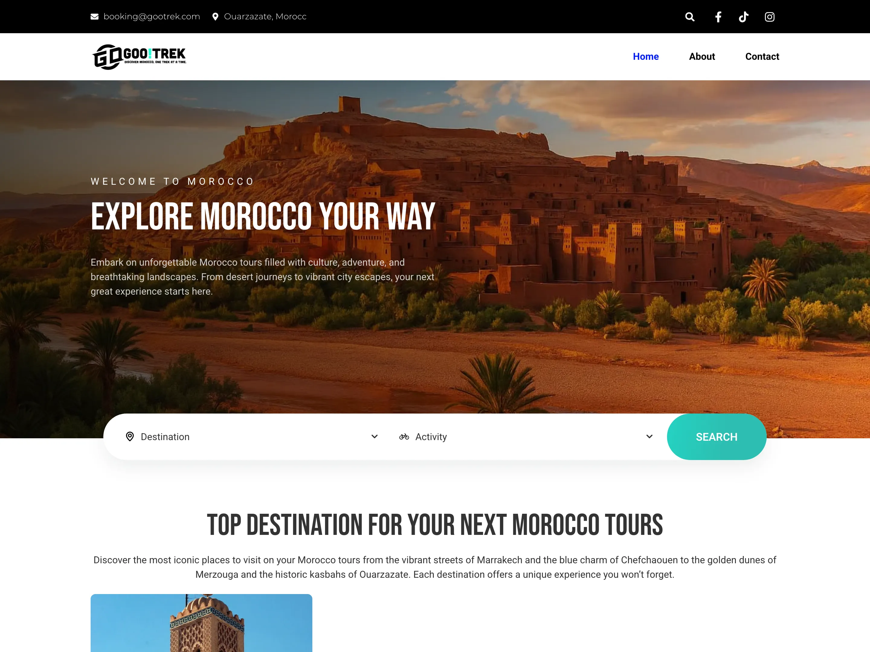 The GooTrek home page, with a photograph of a kasbah at sunset, the headline Explore Morocco your way, and a search bar by destination and activity