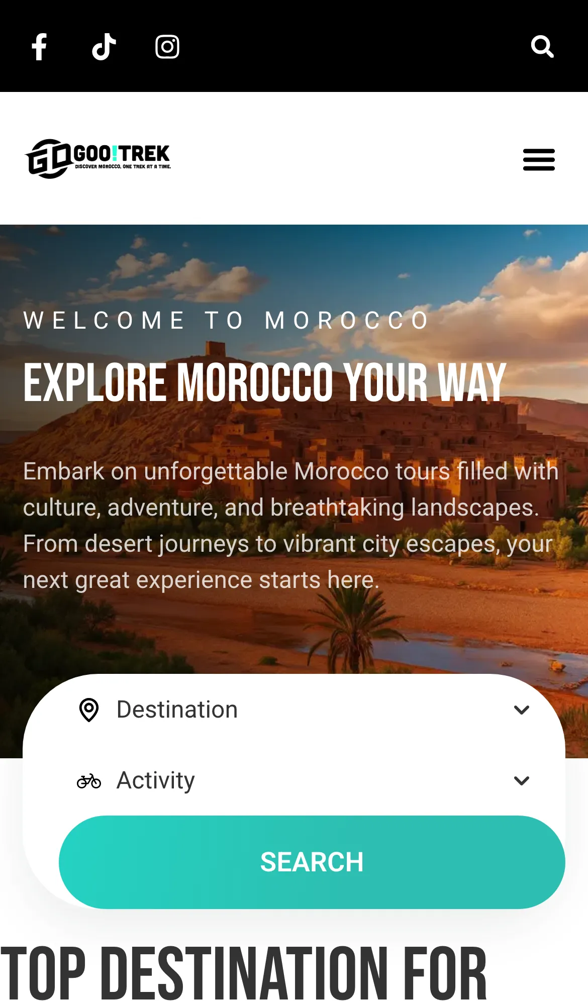 The GooTrek home page on a phone, with the logo, a kasbah photograph and the destination and activity search
