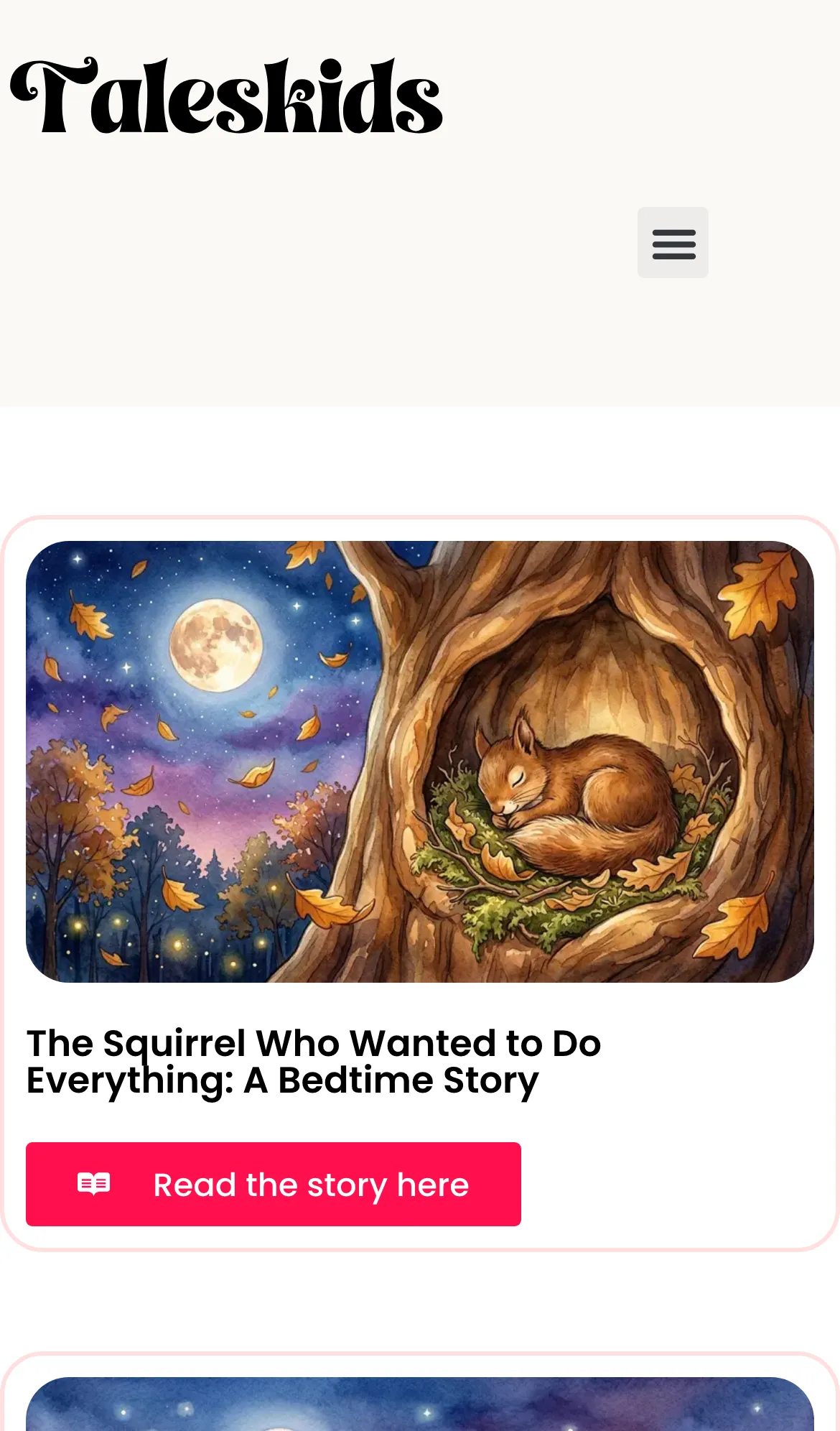 The TalesKids home page on a phone, showing the latest story as an illustrated card with a Read the story button