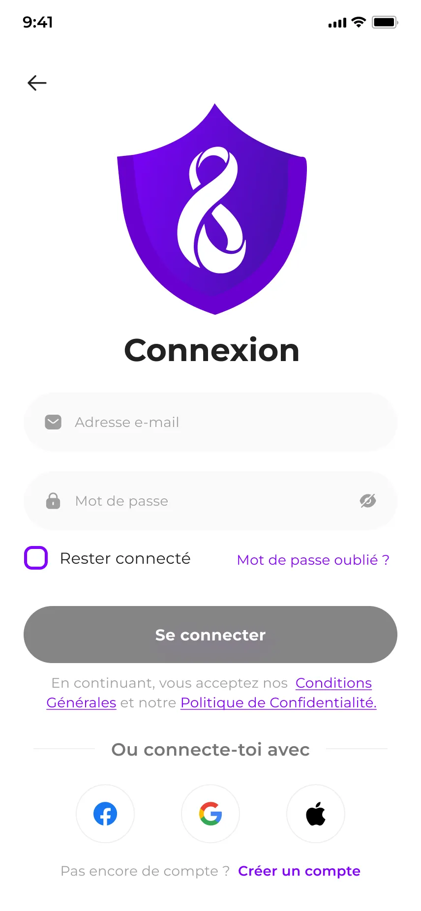 The Viby’Z app sign-in screen, with the infinity mark on a violet shield above the email and password fields