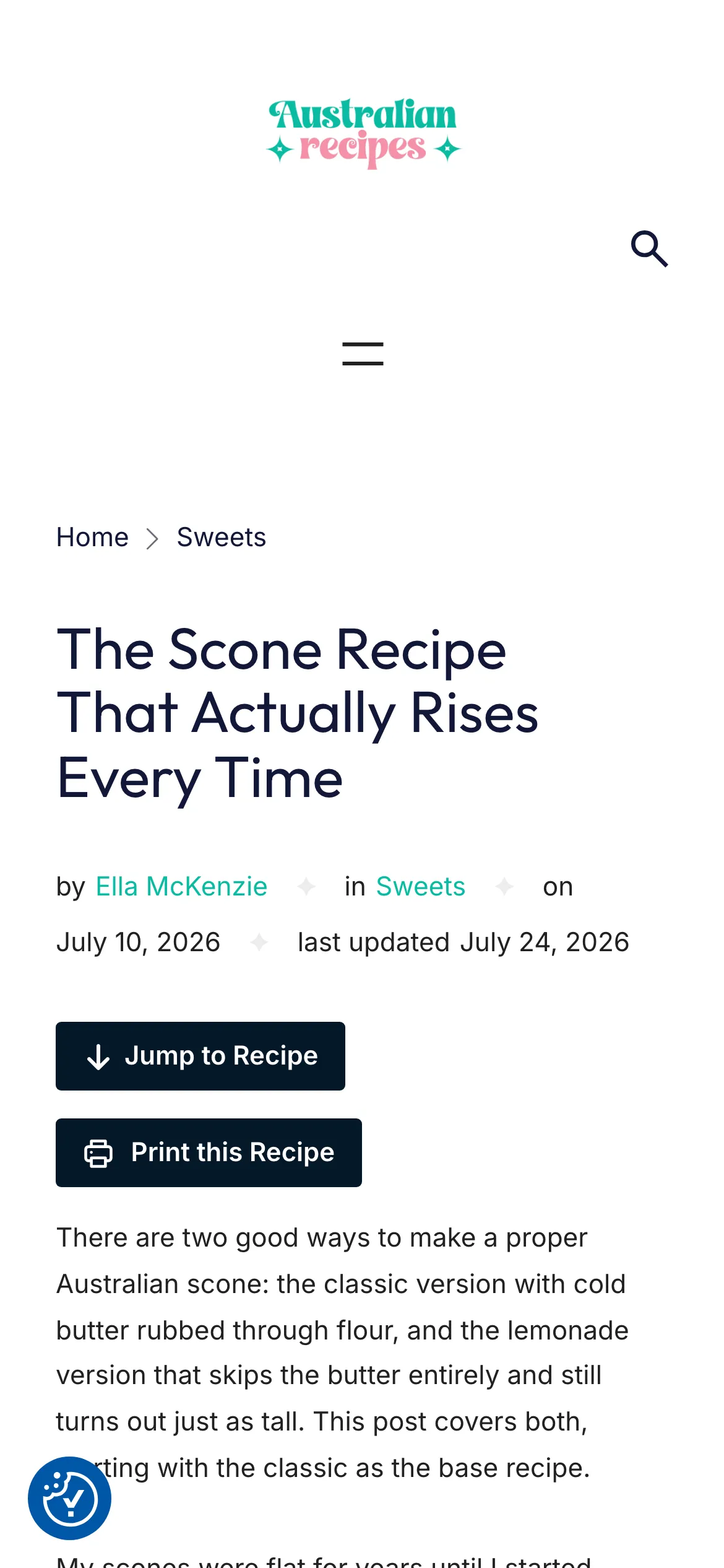 An AustRecipes recipe page on a phone, showing the title, byline, jump-to-recipe and print buttons