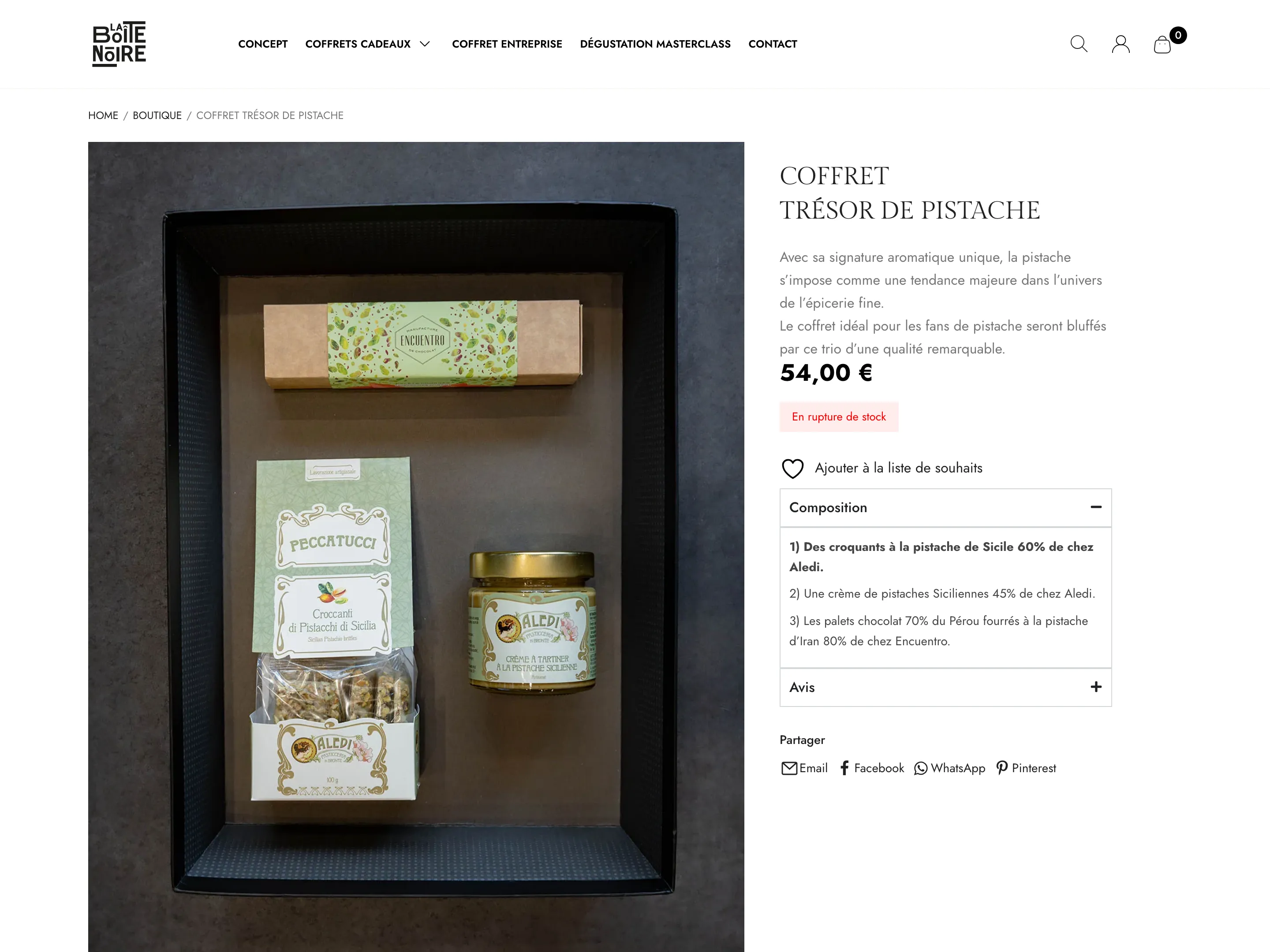The Coffret Trésor de Pistache product page, showing the box, its price and the composition panel