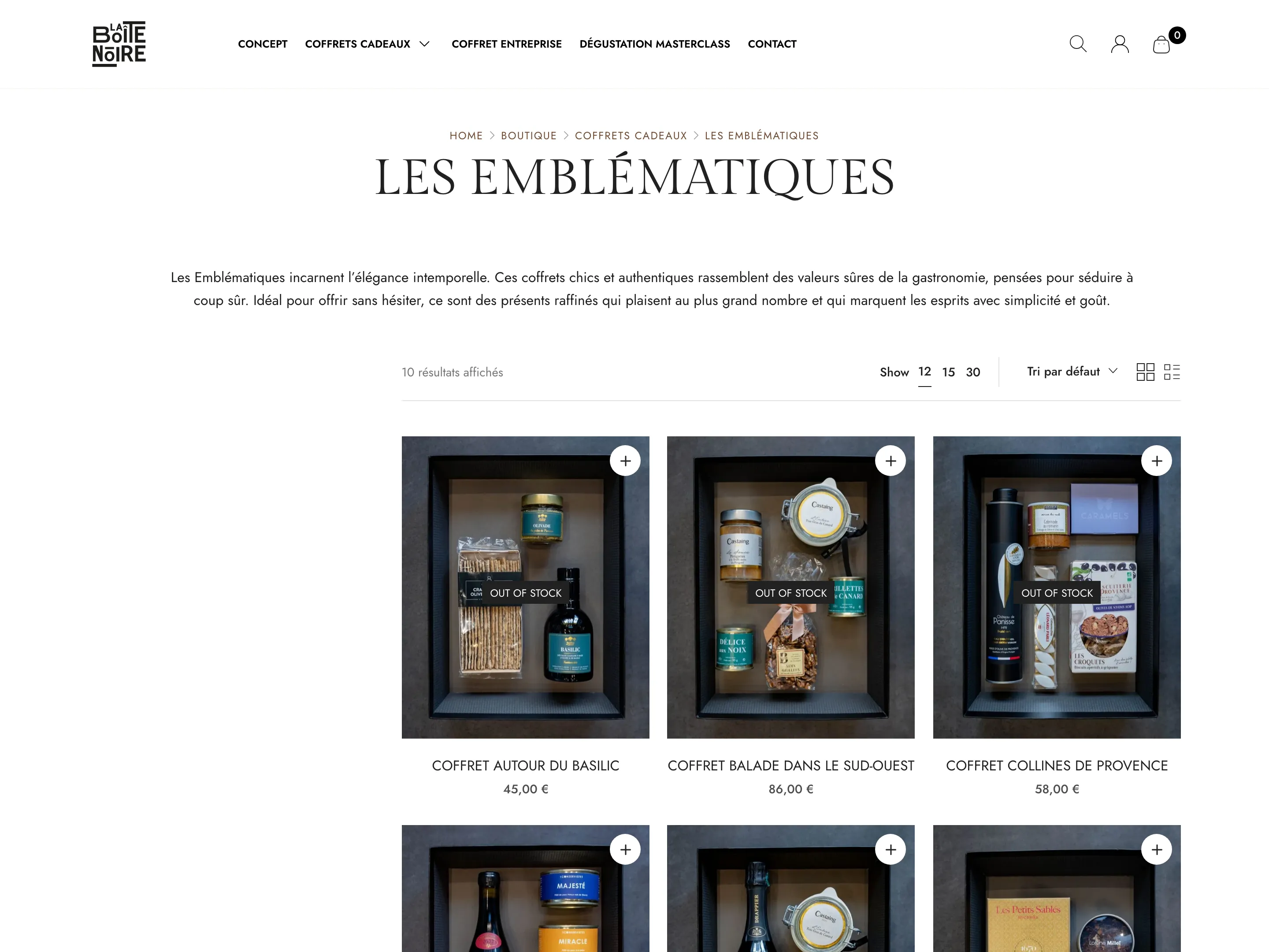 The Les Emblématiques range page, with its introduction and a grid of gift boxes and prices