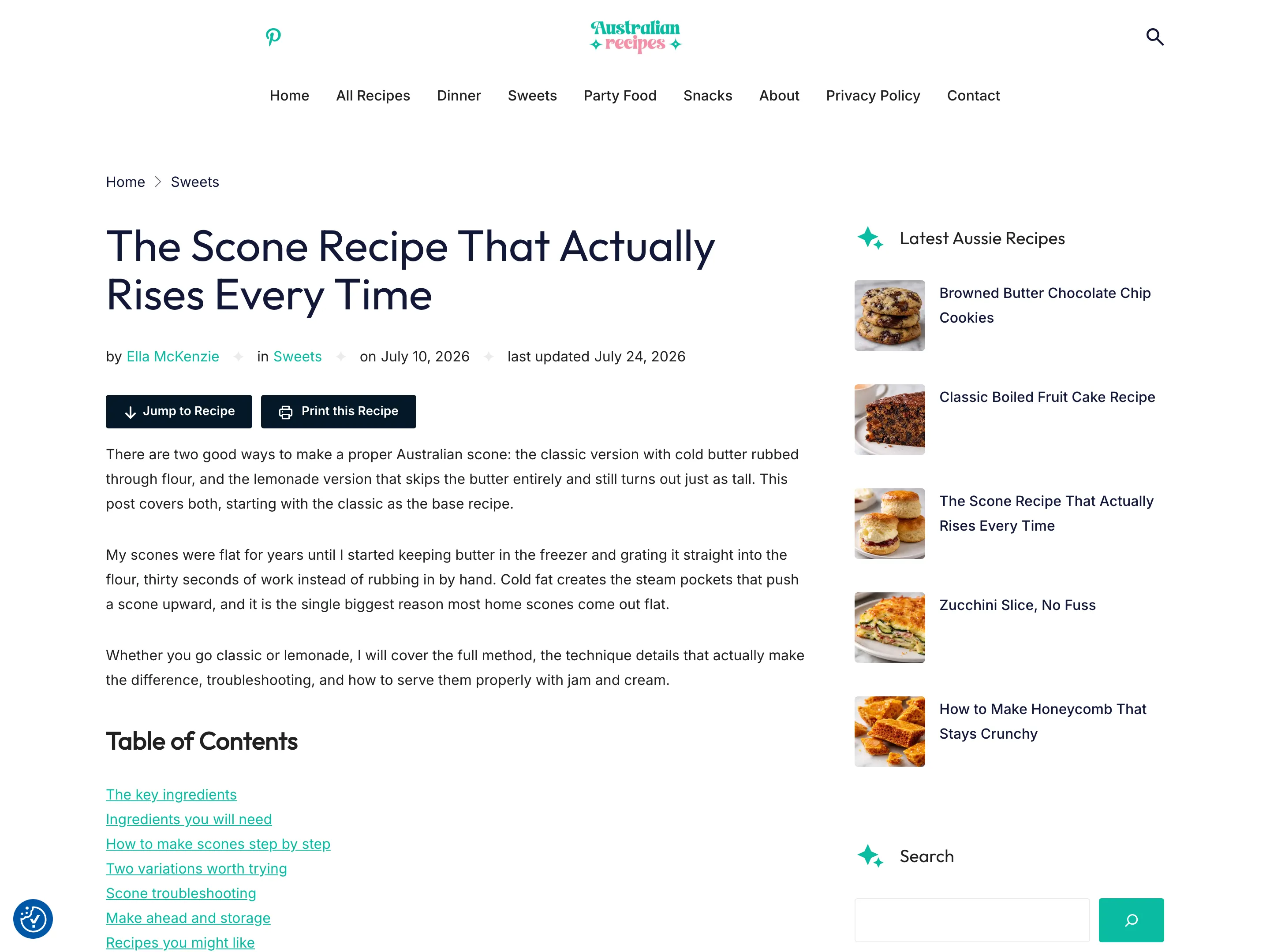 An AustRecipes recipe page showing the byline, dates, jump-to-recipe button and table of contents