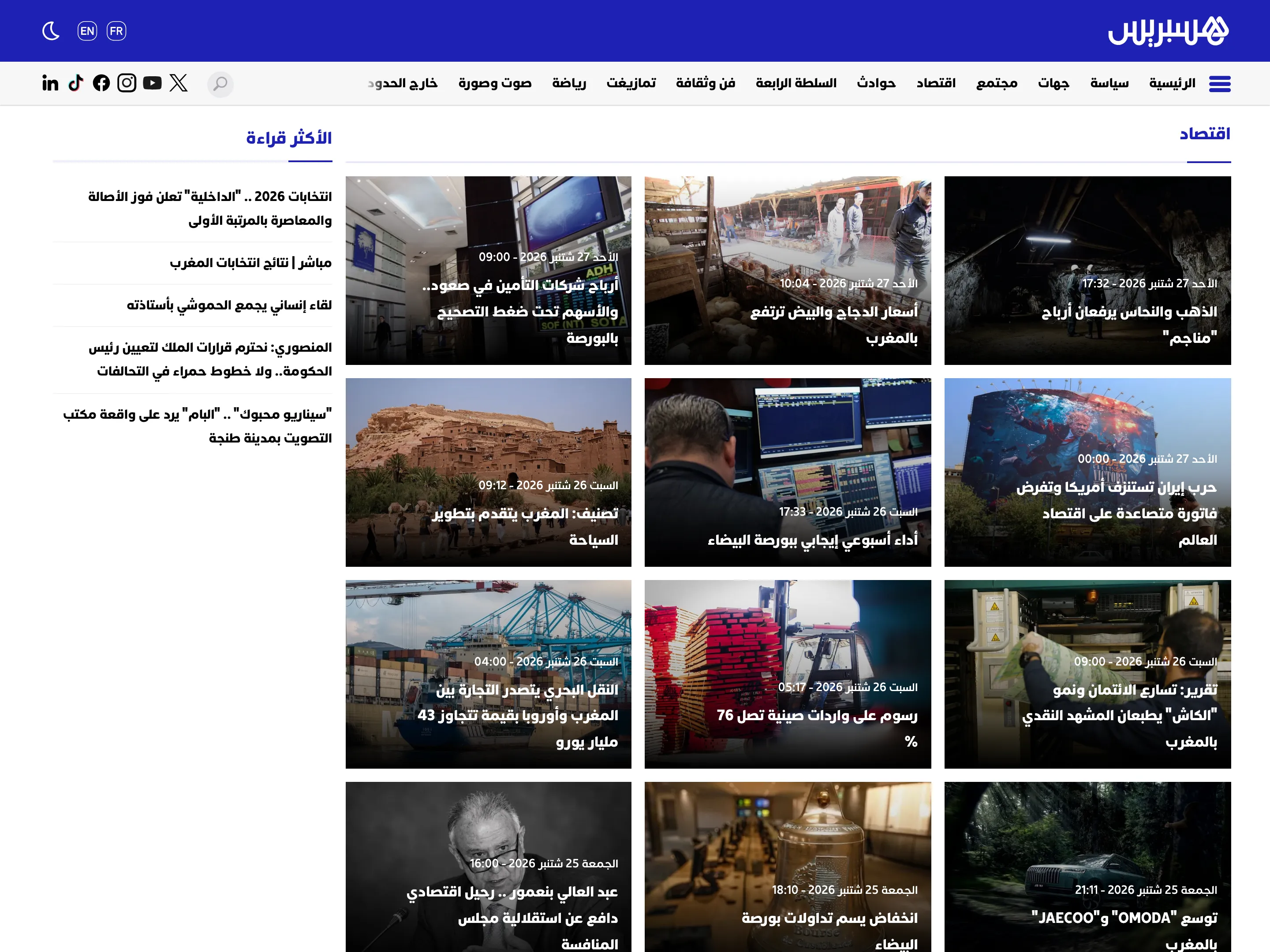 The Hespress economy section, a grid of stories with photographs and timestamps, beside a most-read list
