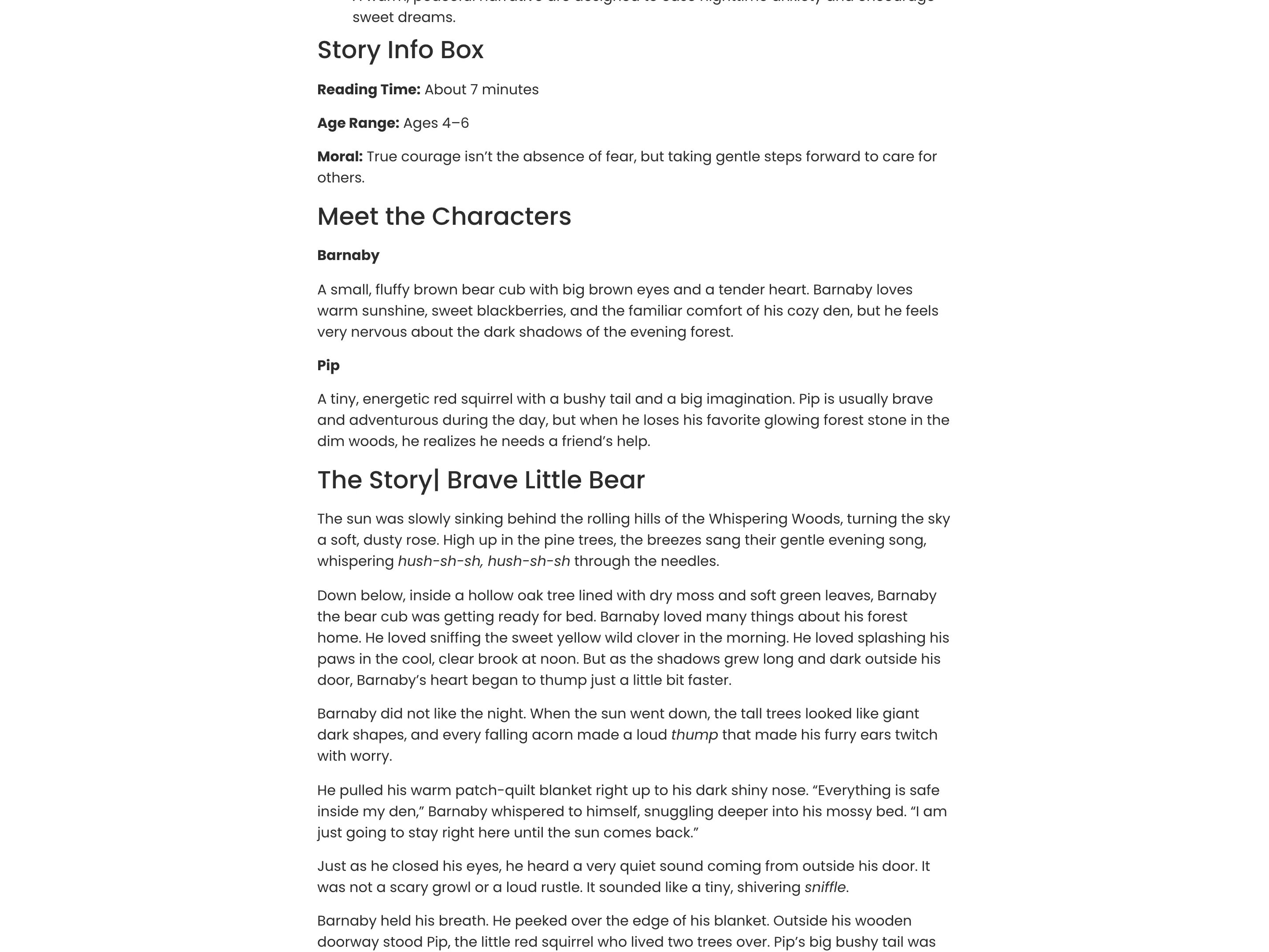 The Story Info Box on a TalesKids story, listing reading time, age range and moral, followed by the characters