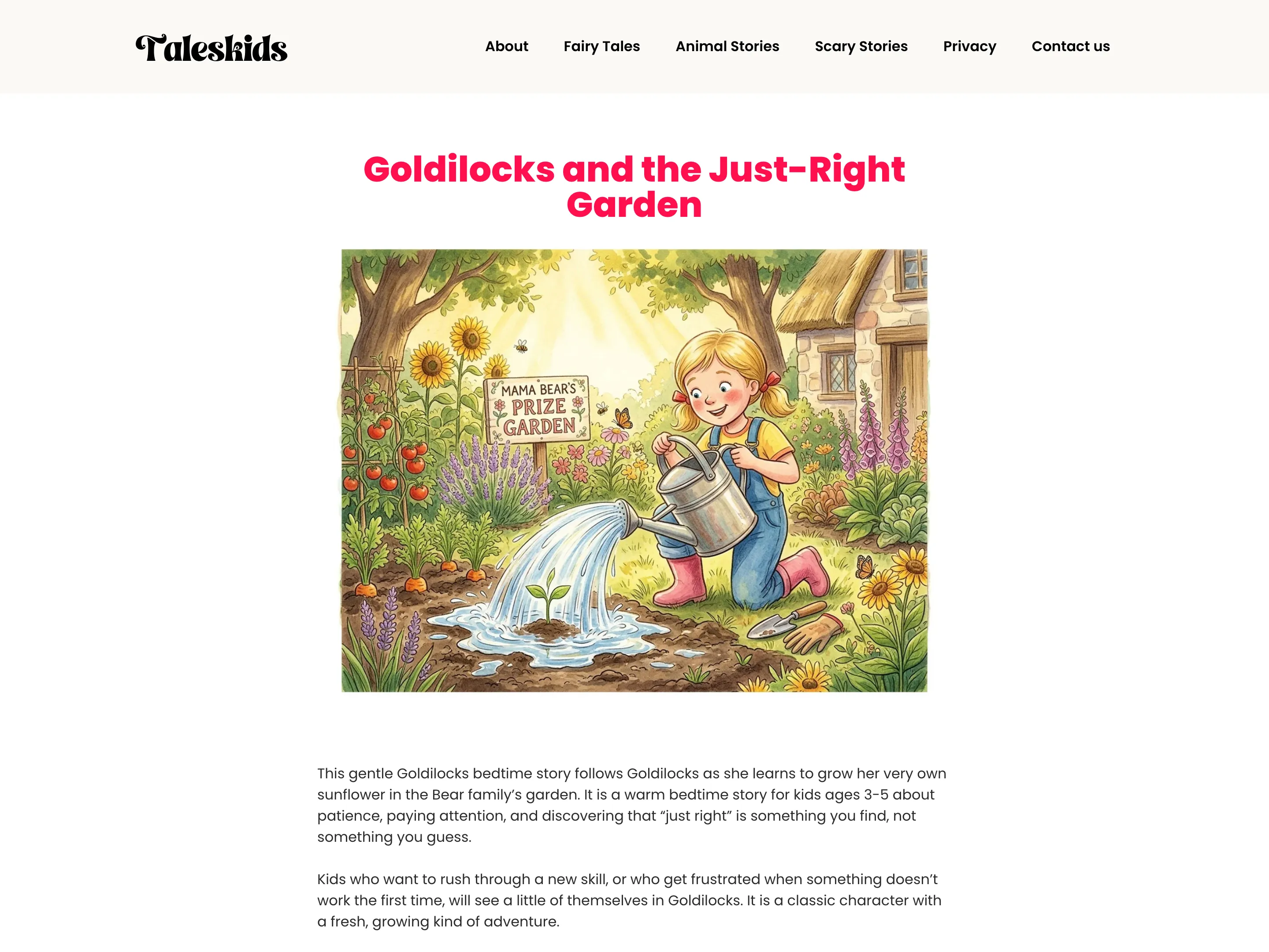 A TalesKids story page, Goldilocks and the Just-Right Garden, with its title, illustration and opening paragraphs