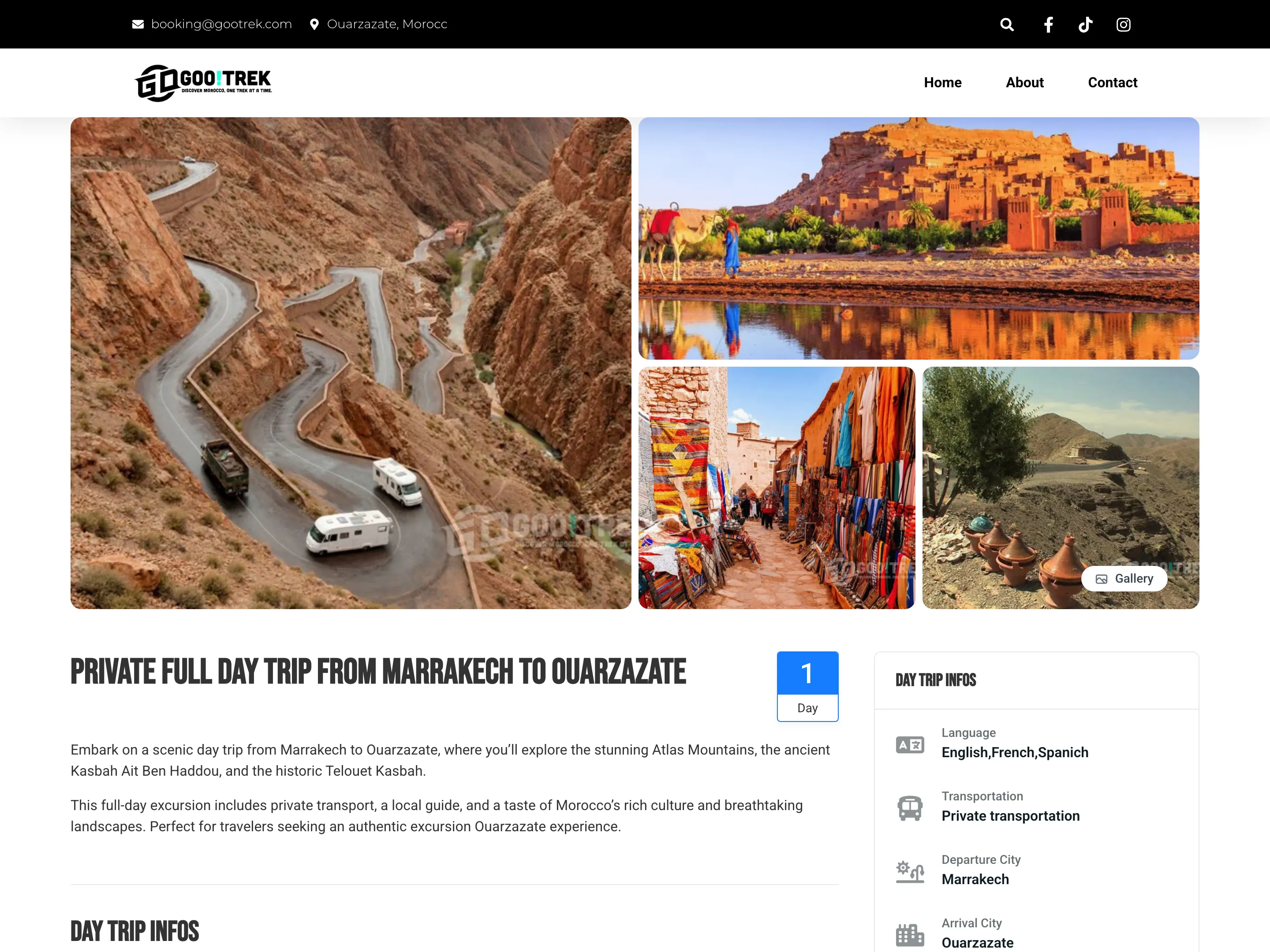 A GooTrek trip page for a private day trip from Marrakech to Ouarzazate, with a photo gallery, the trip description and a fact panel