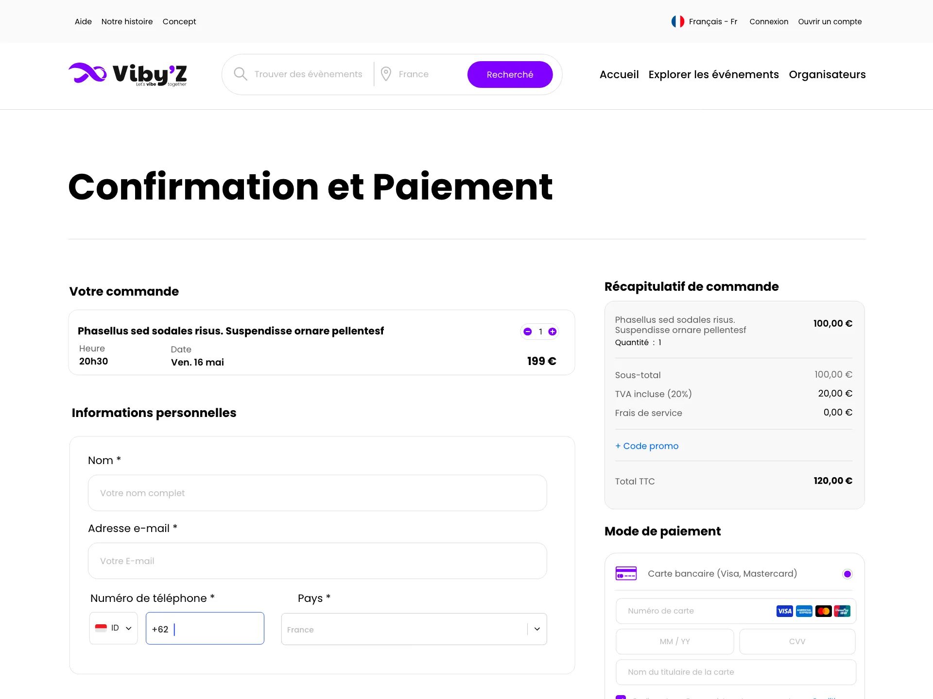 The Viby’Z checkout design, with the order, personal details, order summary and payment methods on one page