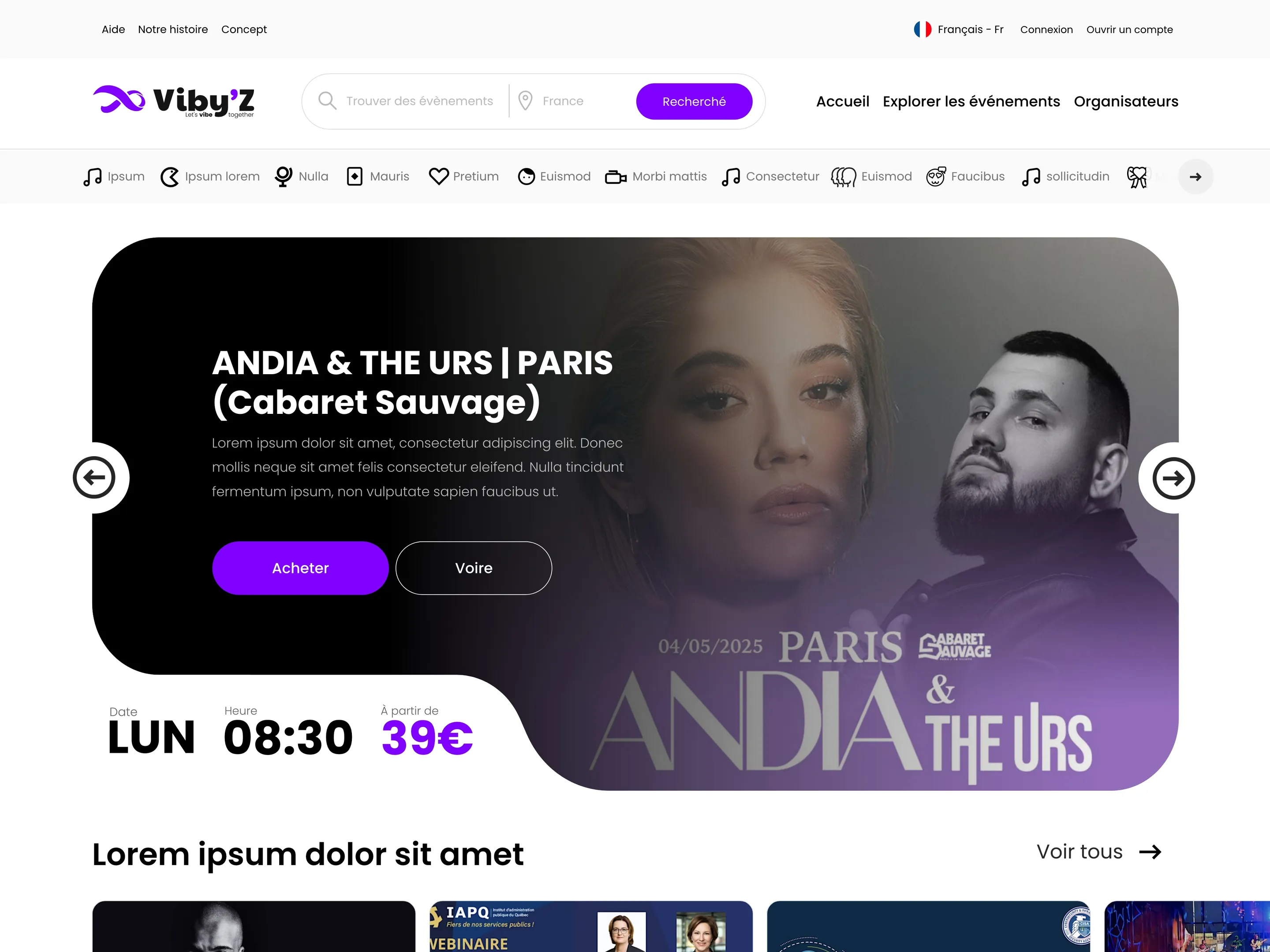 The Viby’Z home page design: top bar, search pill, category strip and a large event slider with the date, time and price beneath it