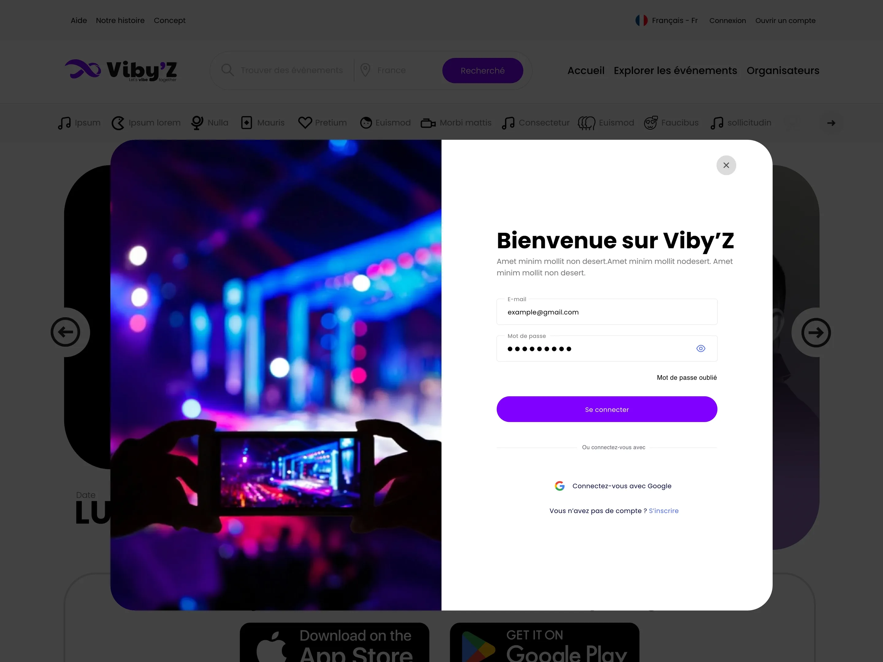The Viby’Z sign-in modal over the home page, with a concert photograph on the left and the sign-in form on the right